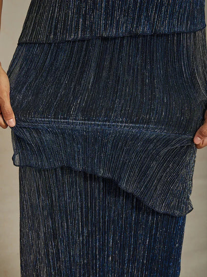 Metallic Pleated Chiffon Midi Dress with Beaded Round Neck