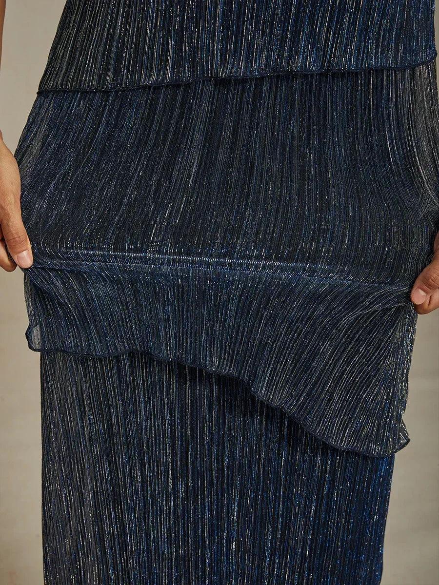 Metallic-plissiertes Chiffon-Midikleid mit Perlenbesatz am runden Halsausschnitt