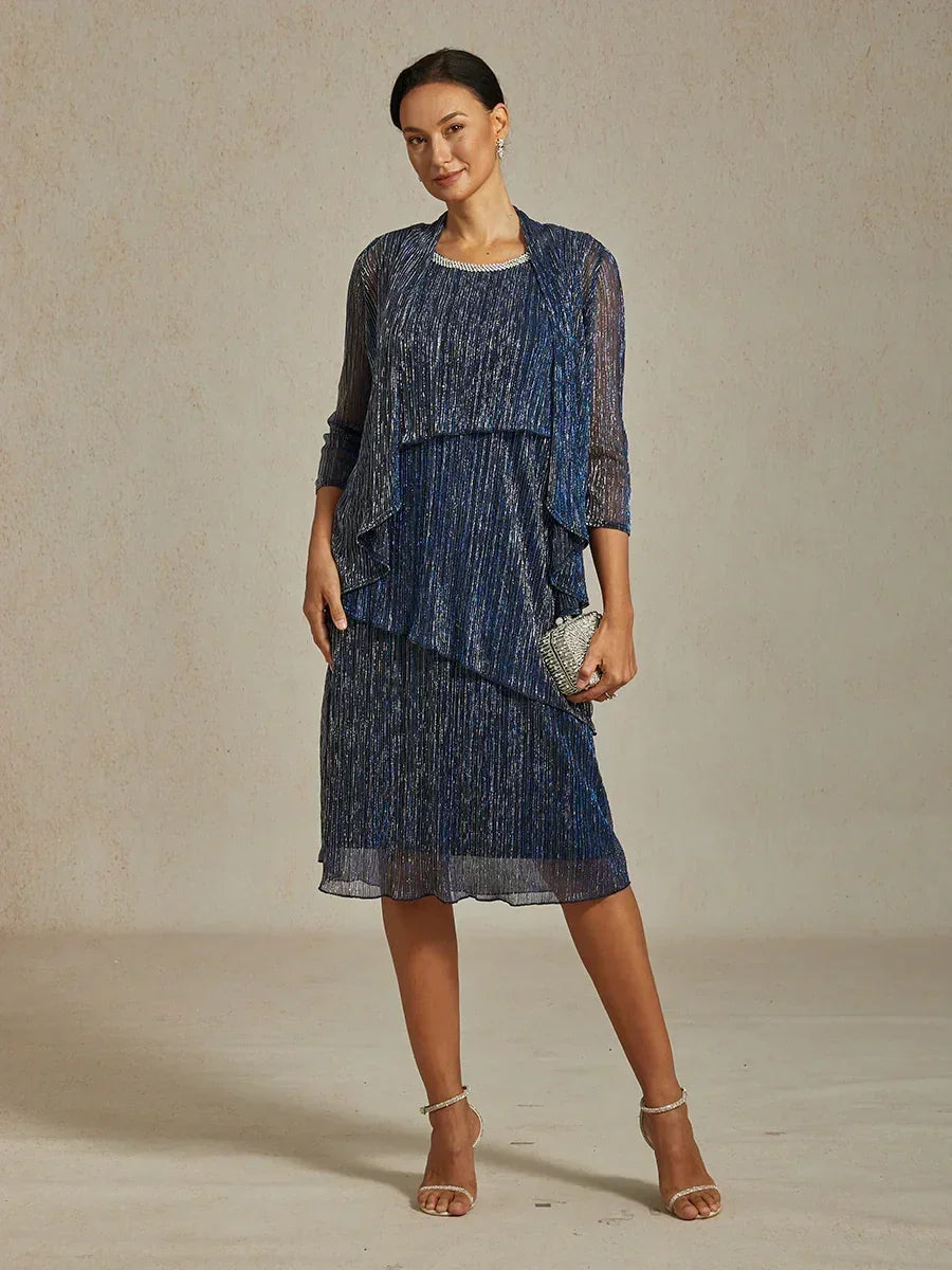 Metallic Pleated Chiffon Midi Dress with Beaded Round Neck