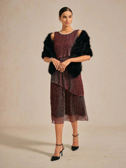 Metallic Pleated Chiffon Midi Dress with Beaded Round Neck