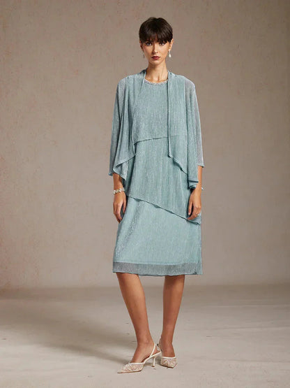Metallic-plissiertes Chiffon-Midikleid mit Perlenbesatz am runden Halsausschnitt