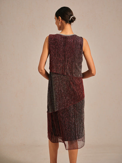 Metallic Pleated Chiffon Midi Dress with Beaded Round Neck