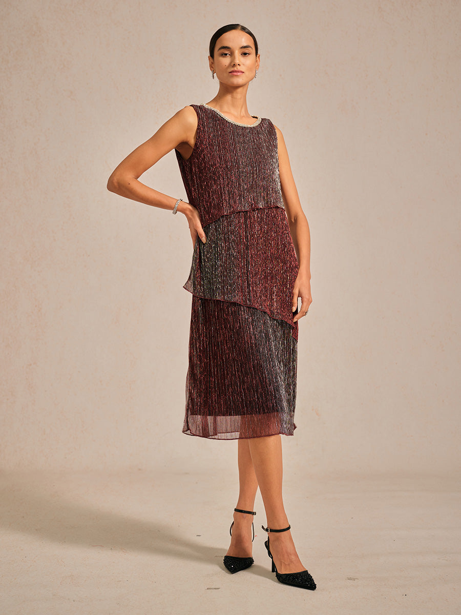 Metallic Pleated Chiffon Midi Dress with Beaded Round Neck