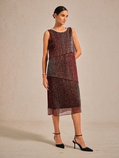 Metallic Pleated Chiffon Midi Dress with Beaded Round Neck