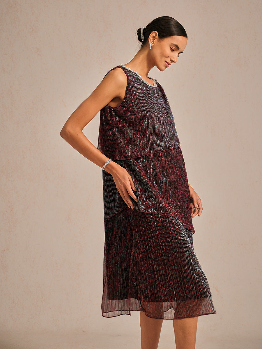 Metallic Pleated Chiffon Midi Dress with Beaded Round Neck