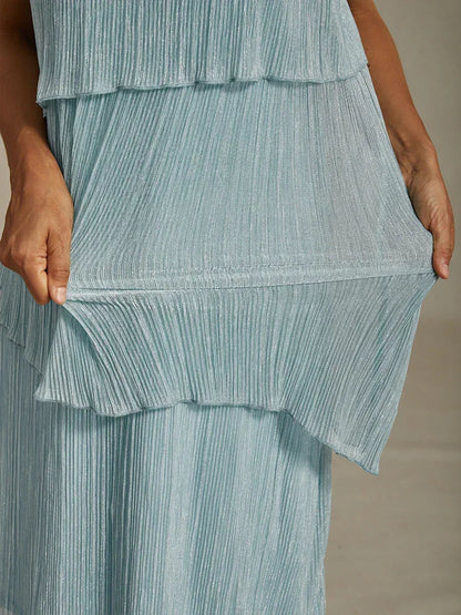 Metallic Pleated Chiffon Midi Dress with Beaded Round Neck