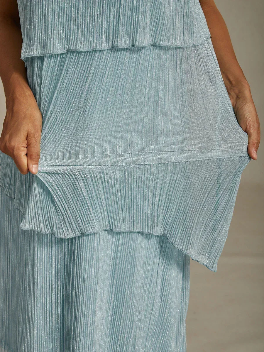 Metallic Pleated Chiffon Midi Dress with Beaded Round Neck