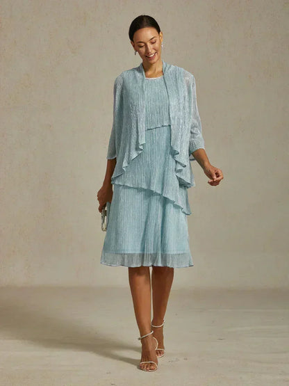 Metallic Pleated Chiffon Long Jacket Dress