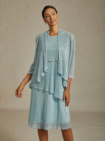 Metallic Pleated Chiffon Long Jacket Dress
