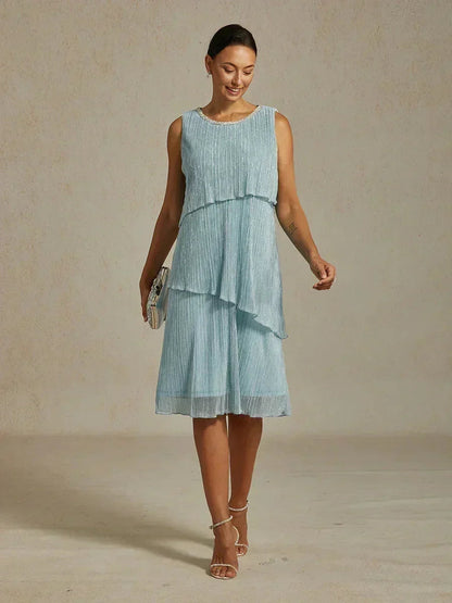 Metallic Pleated Chiffon Midi Dress with Beaded Round Neck