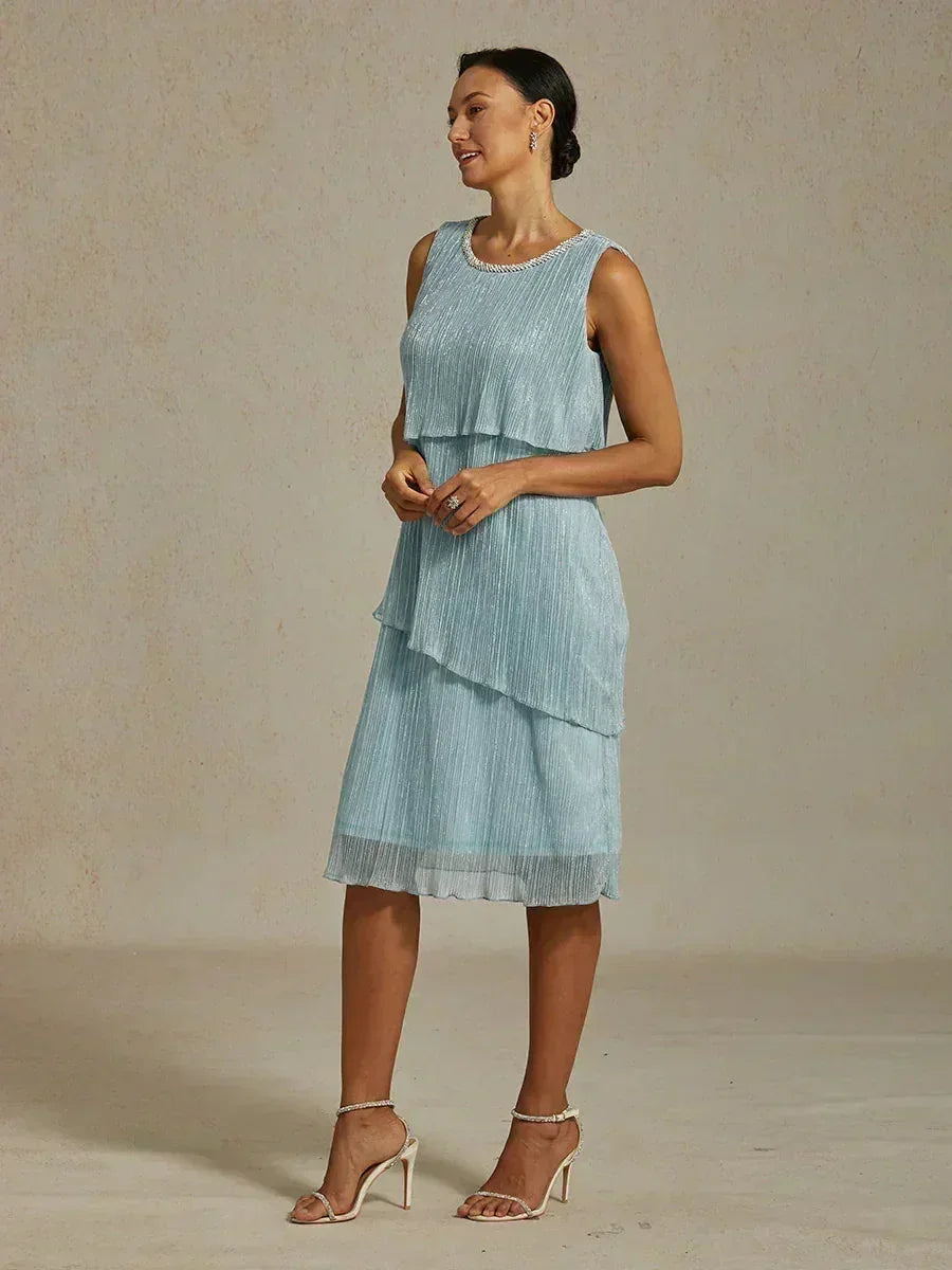 Metallic Pleated Chiffon Midi Dress with Beaded Round Neck