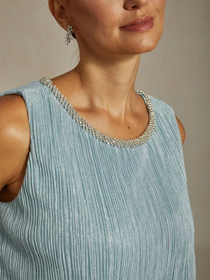 Metallic Pleated Chiffon Midi Dress with Beaded Round Neck