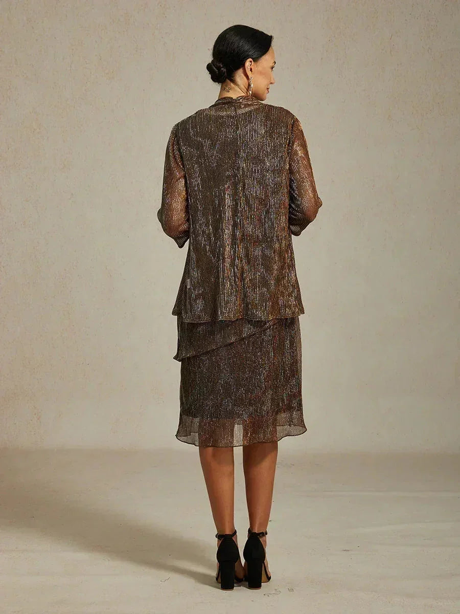 Metallic Pleated Chiffon Midi Dress with Beaded Round Neck