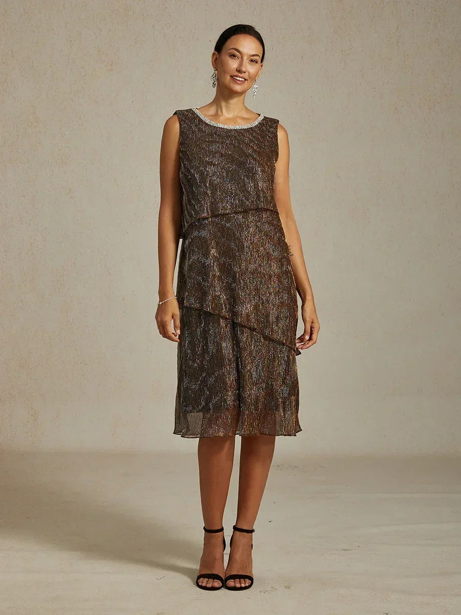 Metallic Pleated Chiffon Midi Dress with Beaded Round Neck