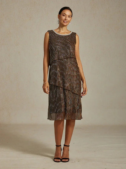 Metallic Pleated Chiffon Midi Dress with Beaded Round Neck