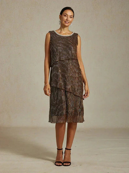 Metallic Pleated Chiffon Midi Dress with Beaded Round Neck