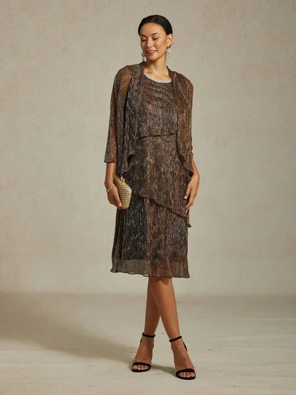 Metallic Pleated Chiffon Midi Dress with Beaded Round Neck