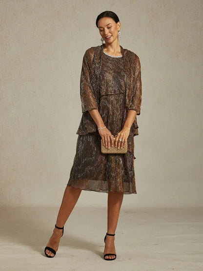 Metallic Pleated Chiffon Midi Dress with Beaded Round Neck