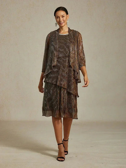 Metallic Pleated Chiffon Midi Dress with Beaded Round Neck