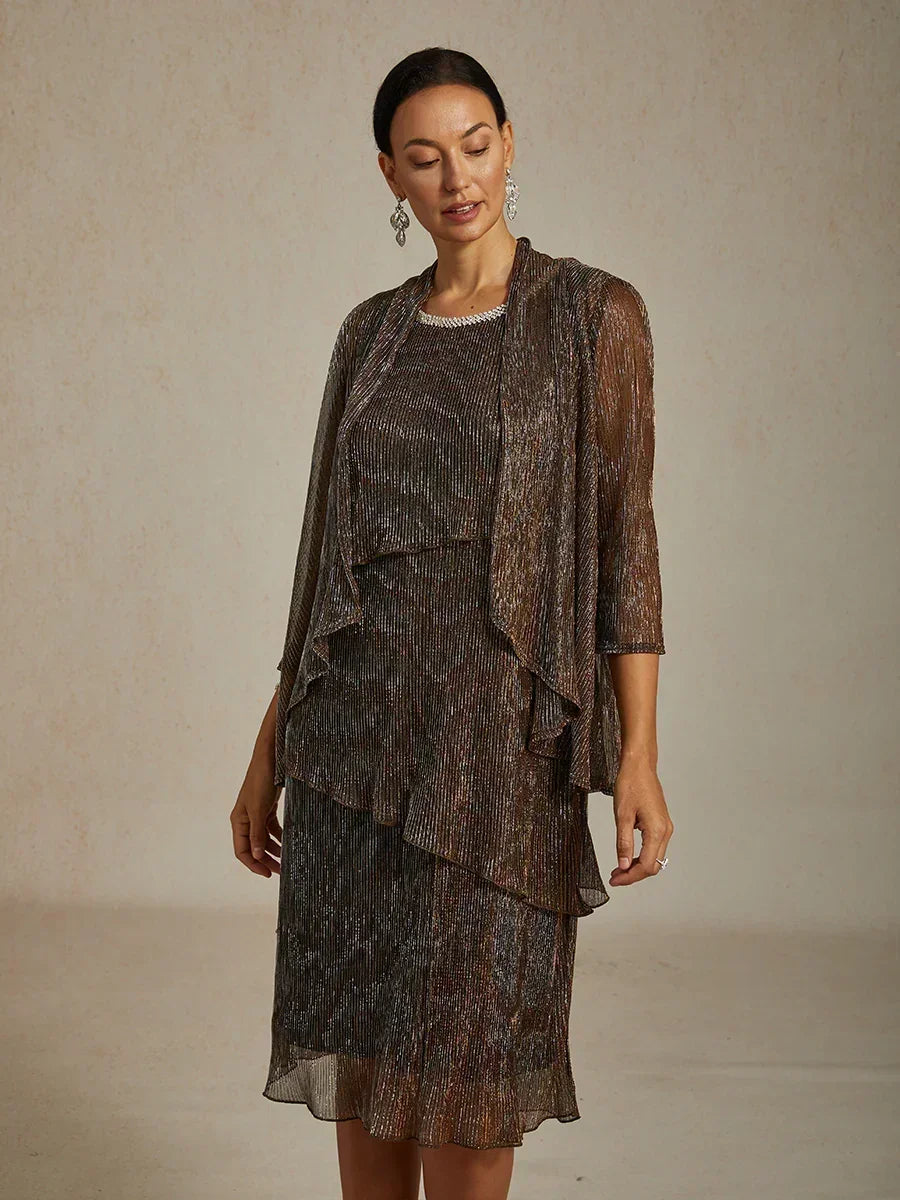 Metallic Pleated Chiffon Midi Dress with Beaded Round Neck