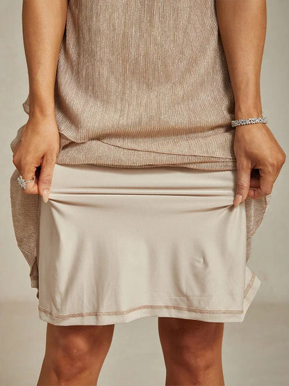 Metallic Pleated Chiffon Midi Dress with Beaded Round Neck