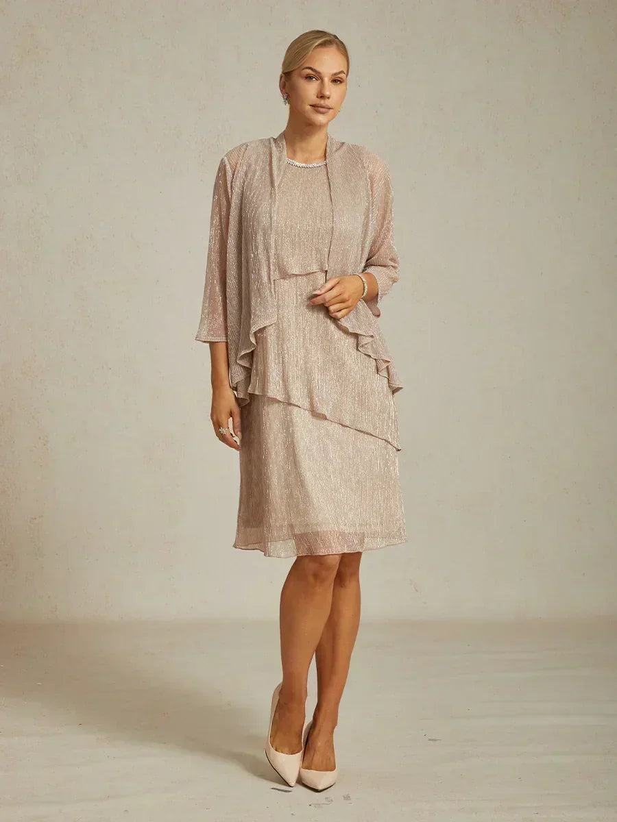Metallic Pleated Chiffon Long Jacket with Layered Design
