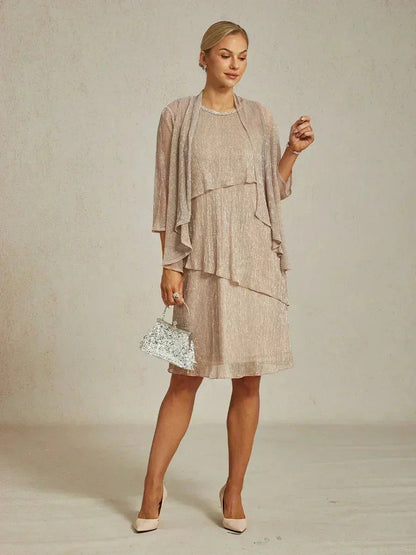 Metallic Pleated Chiffon Midi Dress with Beaded Round Neck
