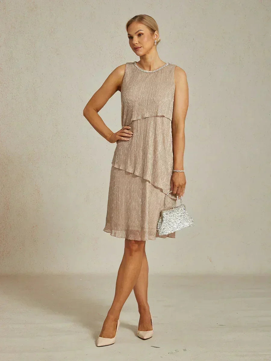 Metallic Pleated Chiffon Midi Dress with Beaded Round Neck