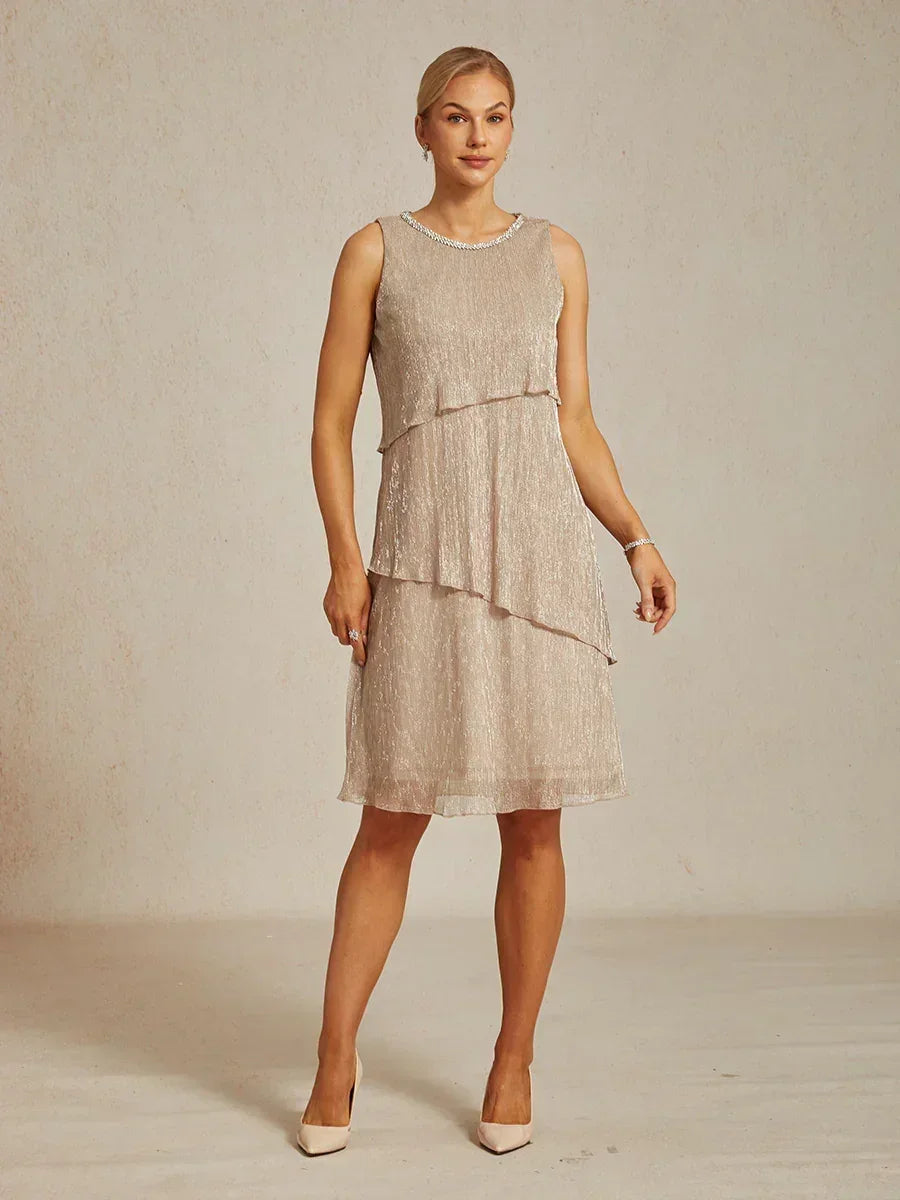 Metallic Pleated Chiffon Midi Dress with Beaded Round Neck