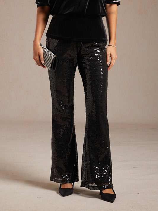 Sequin Flare Pants for Women with Elastic Waist