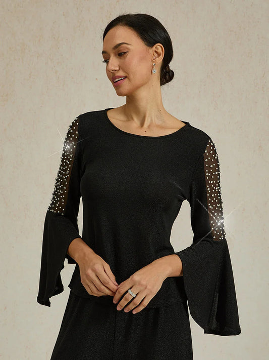 Beaded Illusion Metallic Knit Blouse