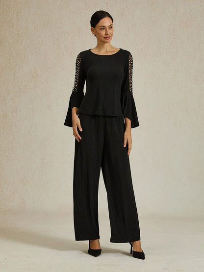 Beaded Illusion Metallic Knit Blouse
