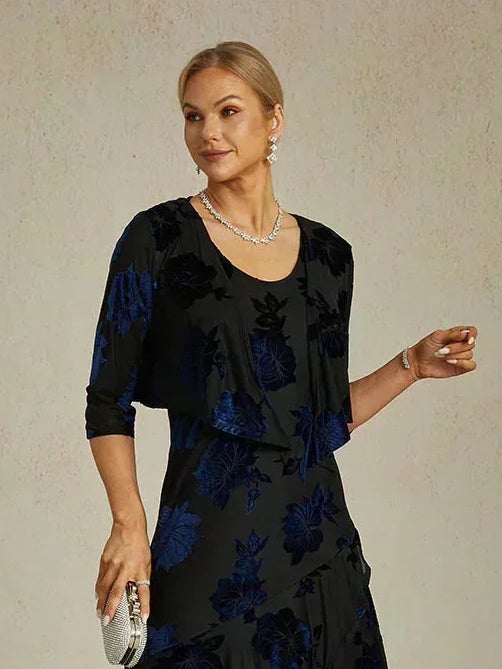 Bolero aus Stretch-Samt mit Blumenmuster und 3/4-Ärmeln