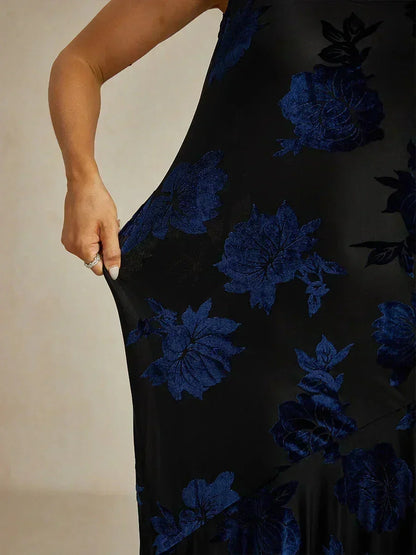 Velvet Floral Evening Gown with Asymmetrical Hem