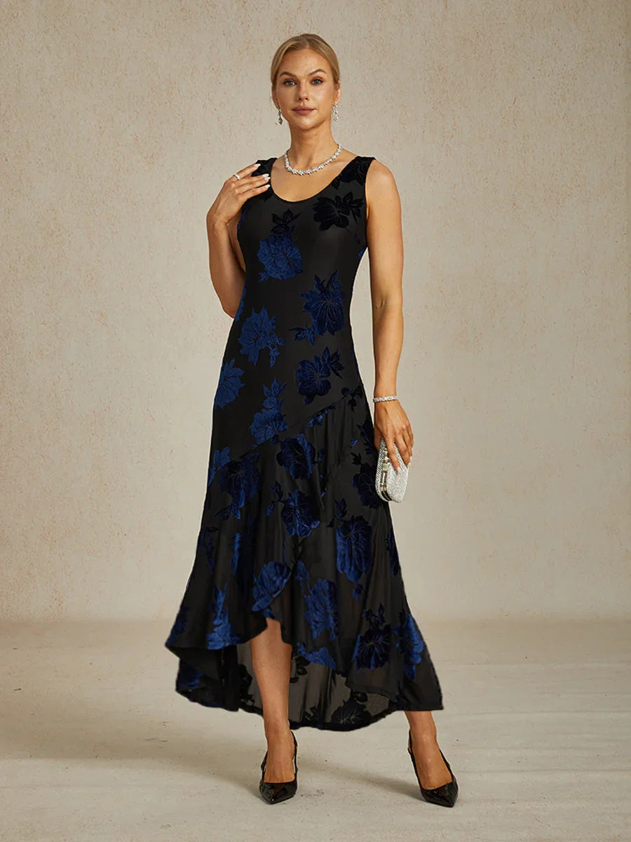 Floral Chiffon Evening Gown with Asymmetrical Hem