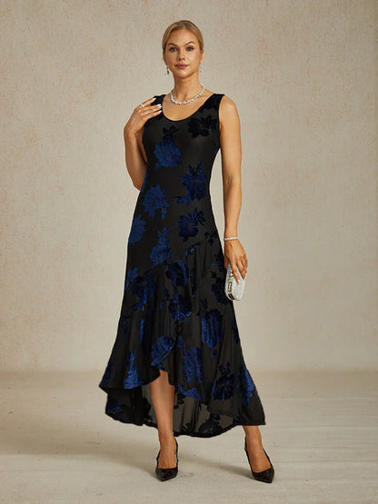 Floral Chiffon Evening Gown with Asymmetrical Hem