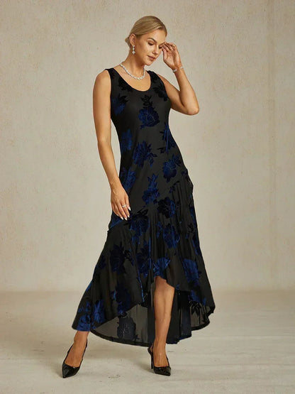 Navy Floral Chiffon Evening Gown with Asymmetrical Hem