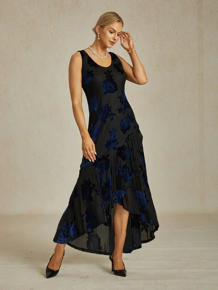 Velvet Floral Evening Gown with Asymmetrical Hem