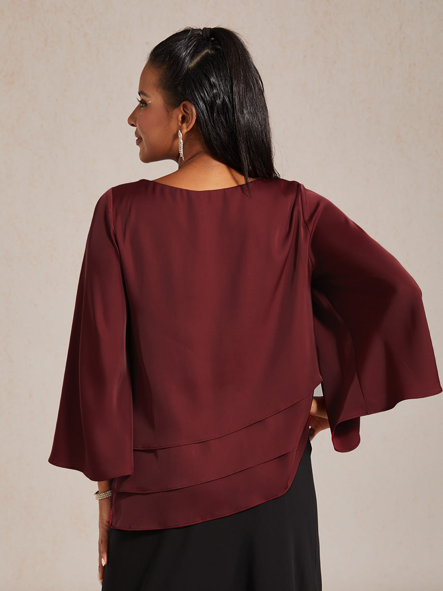 Satin Layered Bell Sleeve Top with Christmas Rhinestone