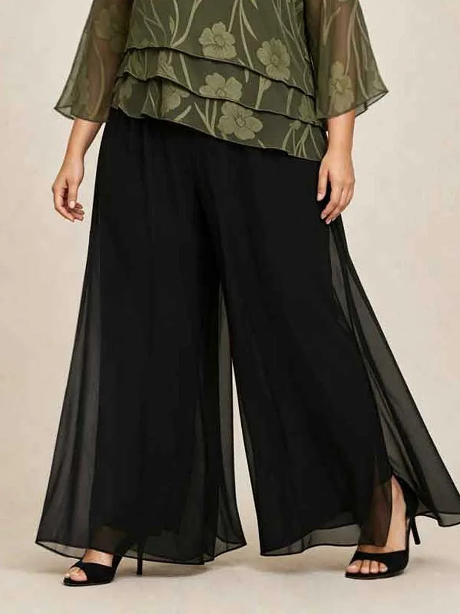 Plus Size Straight Leg Pant With Chiffon Split Leg Overlay
