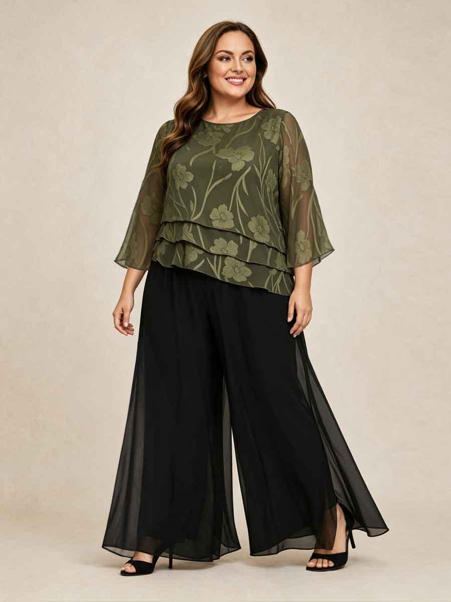 Plus Size Straight Leg Pant With Chiffon Split Leg Overlay
