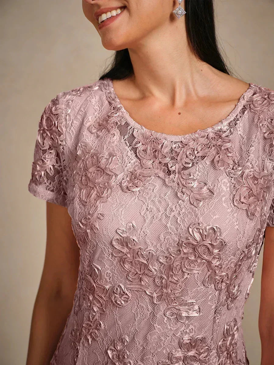 Robe trapèze en dentelle rosette ornée de paillettes