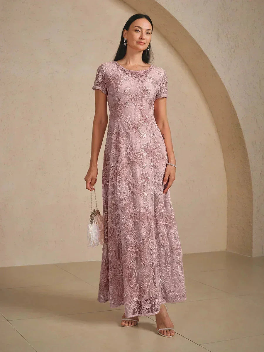 Robe trapèze en dentelle rosette ornée de paillettes