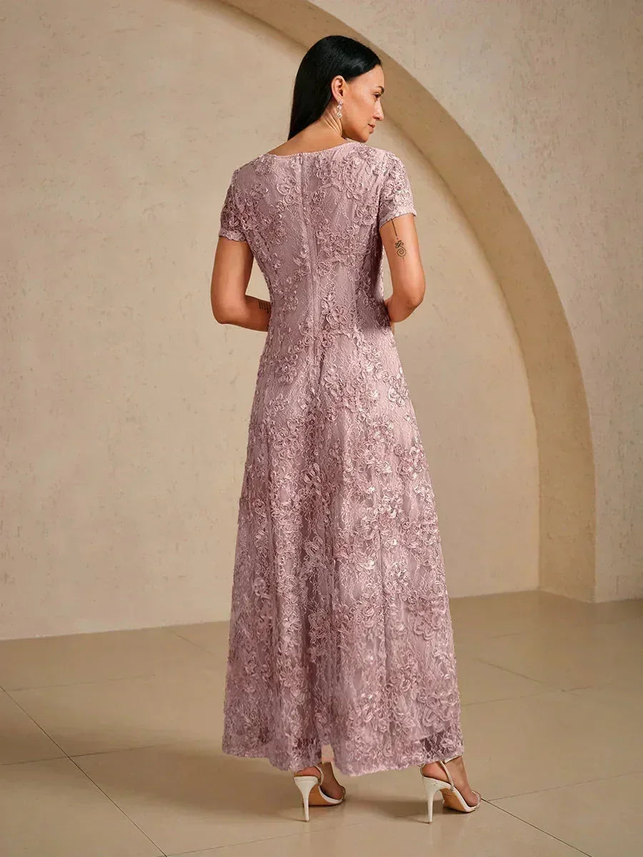 Robe trapèze en dentelle rosette ornée de paillettes