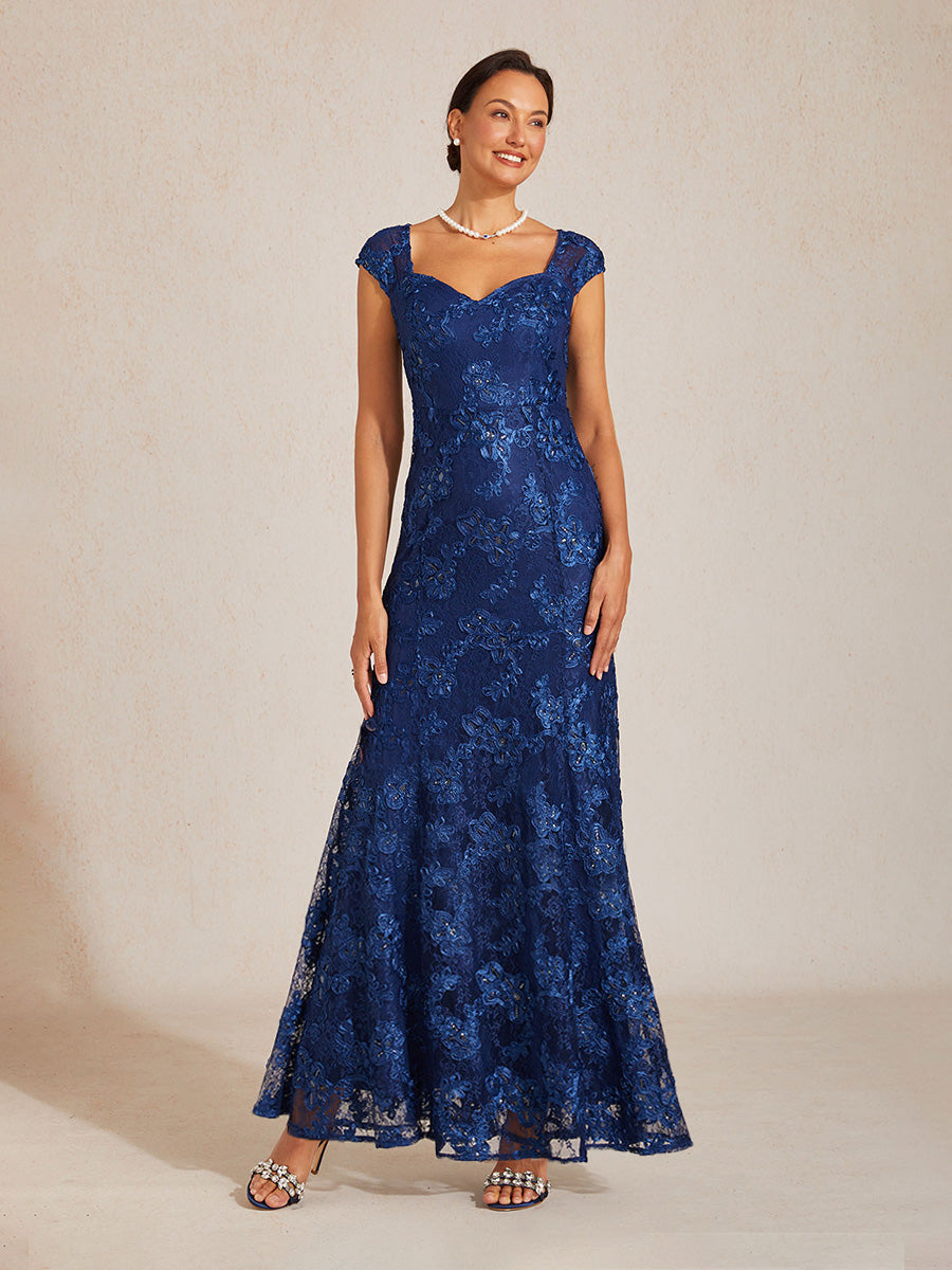 Rosette Lace Cap Sleeve V-neck Mermaid Gown