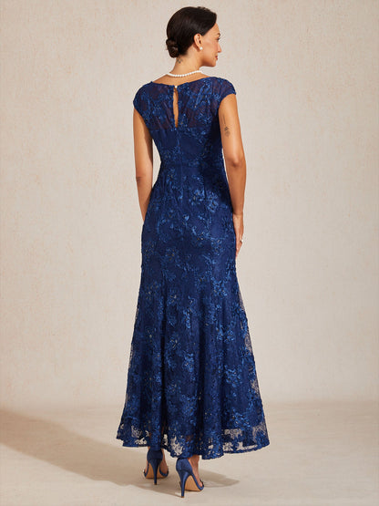 Rosette Lace Cap Sleeve V-neck Mermaid Gown