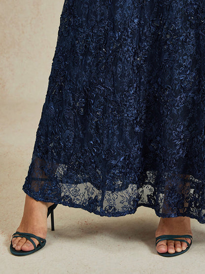 Rosette Lace Boat Neck A Line Dress