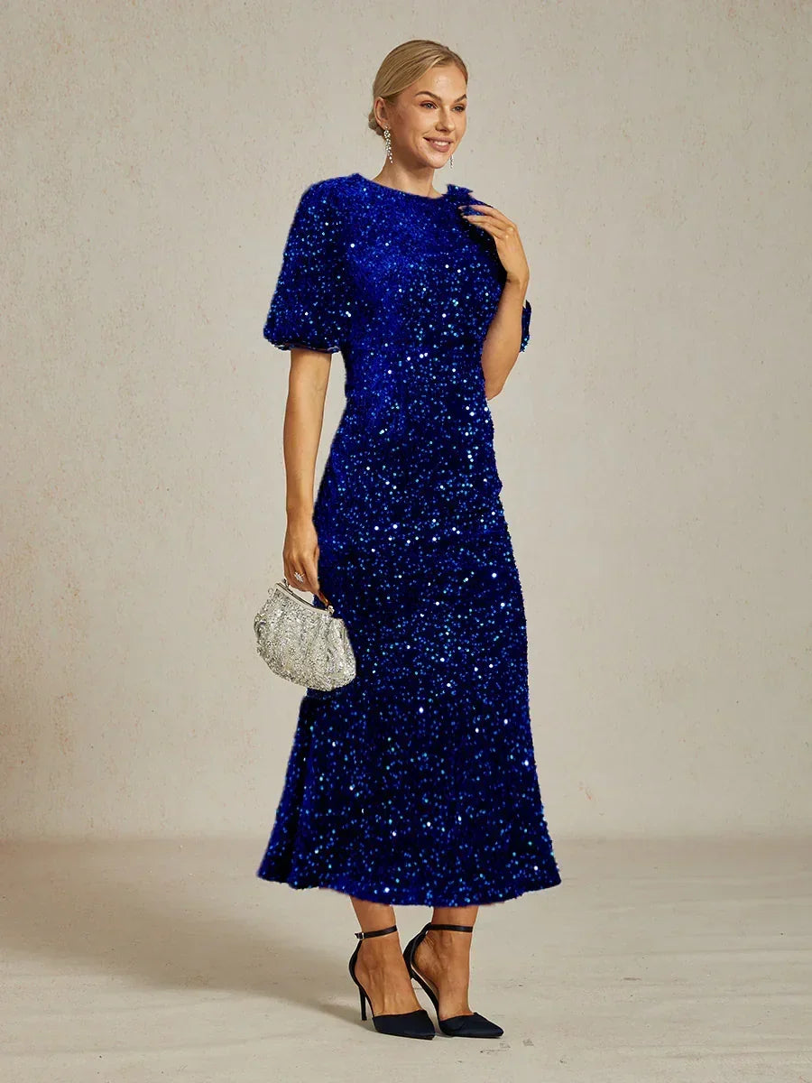 Velvet Sequin Midi Dress with Puff Sleeves