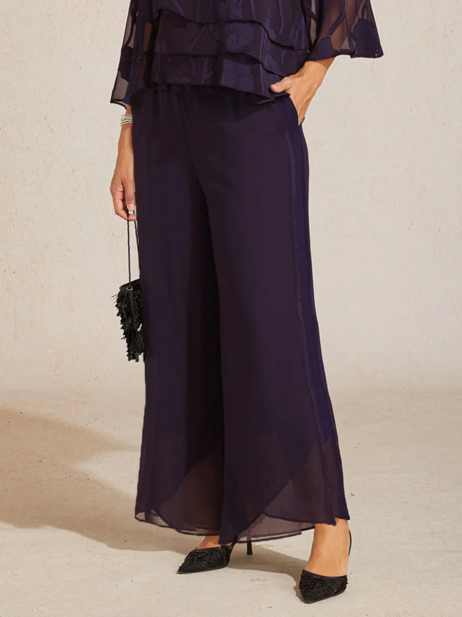 Straight Leg Mid Waist Layered Chiffon Pants
