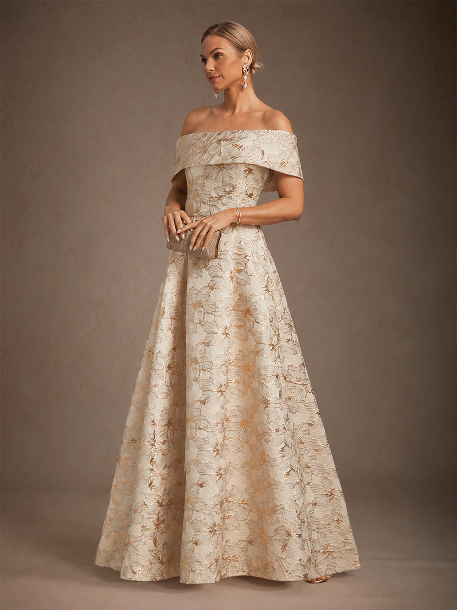 Off the Shoulder Metallic Floral Jacquard Ballgown